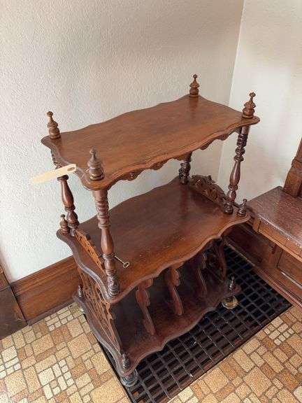 Walnut 3 shelf magazine rack w/ turned spindles image