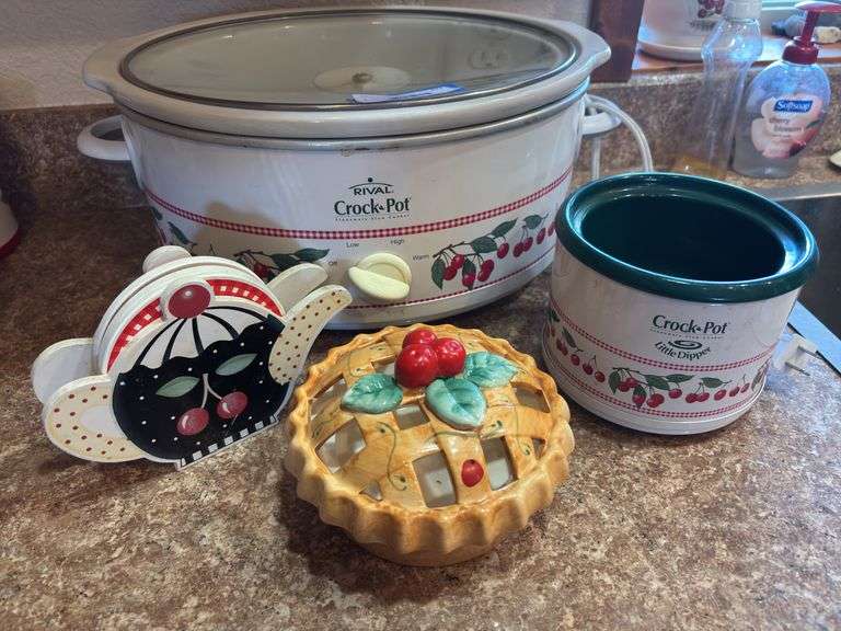 Large rival, cherry themed crockpot, plus small little dipper, cherry crockpot, and additional cherry themed kitchen items