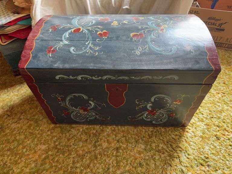 Rosemaled trunk with wire handles intact and small tray inside 18D x 31L x 19H image