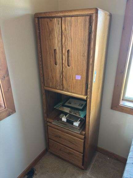 Oak office storage furniture piece, and empty photo frames