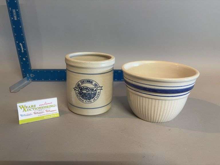 Red Wing beater jar 70/400 Monona advertising and Burlingames vertical ribbed bowl image