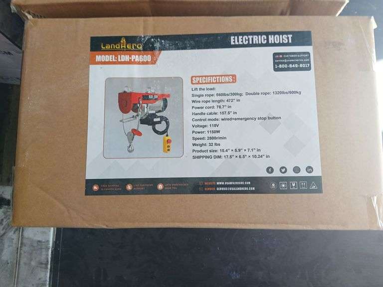 ELECTRIC HOIST	landhero		LDH-PA600	"Rated Voltage:110V-120V/60Hz Voltage:120V Power: 1250W Rated Rotation Speed: 2800 rpm Rated Torque: 3.9 Nm Lifting Height: 40ft (Single Cable / 20ft (Double Cable) Lifting Load Capacity: 660lbs (Single Cable) /1320lbs(Double Cable) Lifting Speed: 27.6ftMin (Single Cable) /13.8ftMin(Double Cable)", MOUNT VERNON image