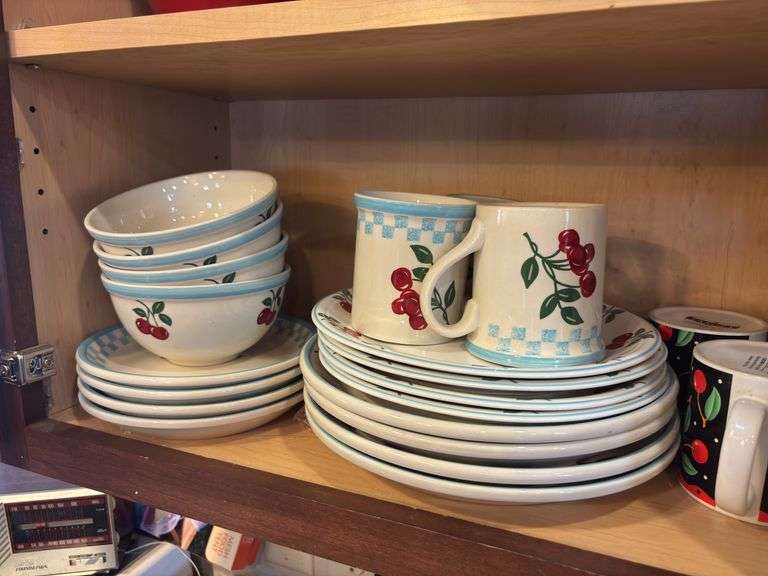 Large assortment of cherry themed dishes, (1/2 shown here - remaining set is in basement)