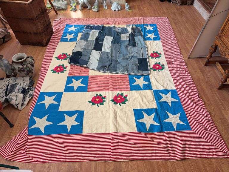 Denim lap quilt and 82x100 eagle quilt Eagle quilt does have yellow staining image