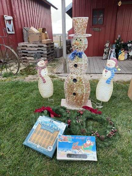 Tin snowmen, John Deere patio lights, wreaths etc... image