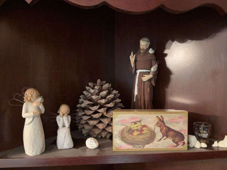 Willow Tree figurines, St Francis figurine, a BIG pinecone and cats! image