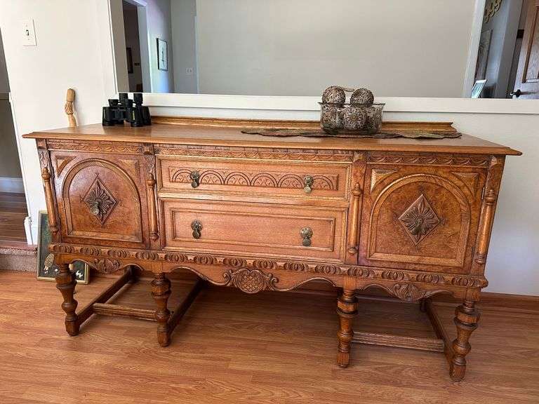 22D x 66L x 36H sideboard with drop brass drawer pulls and carved front NO CONTENTS image