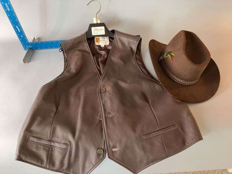 Size 7 5/8 Stetson hat with rattlesnake tail and WB Place & Co XX-LG leather vest image
