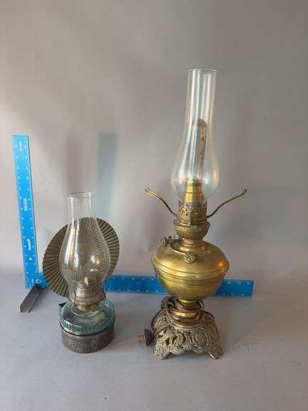Electrified oil lamp with brass font and wall mount oil lamp image