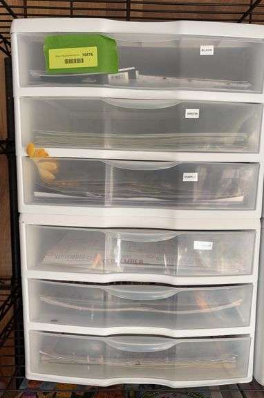 (2) 3 drawer plastic storage containers and scrapbooking contents image