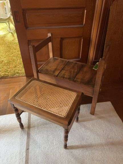 Two benches-18x30x29 oak and 15x22x18 cane seat image