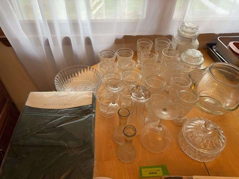 Clear glass serving pieces, sundae cups, stemware, vases, canisters, etc image