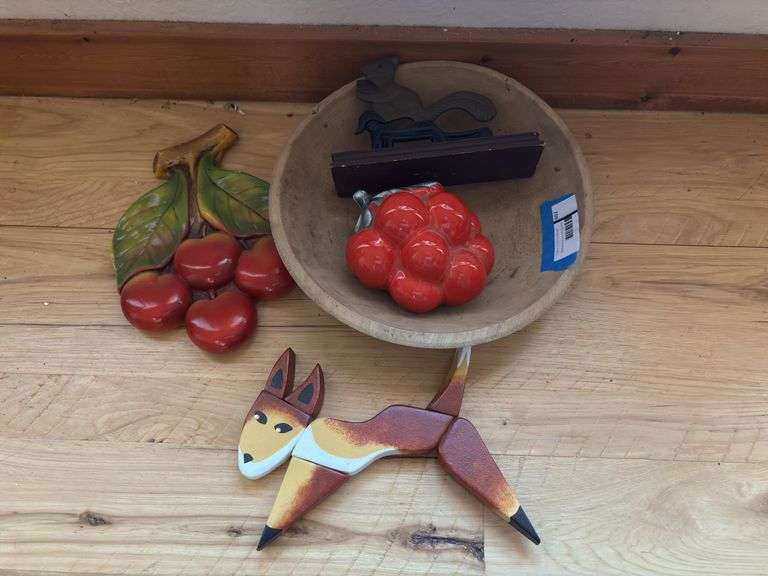 Wood dough bowl, squirrel nutcracker, cherry wall planter, plaster cherry wall hanging, and wooden fox