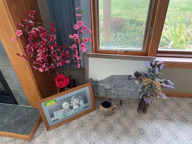 Decor includes brown top jug, barnboard framed barn print, pottery pitcher and more image