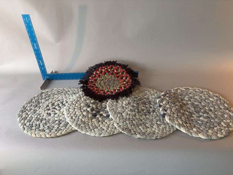 Four matching woven chair pads and one oddball image