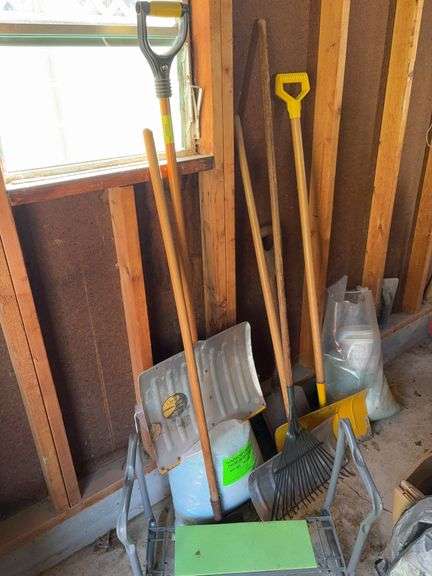 Snow shovels, rake, square nose shovel, snowmelt and kneeler (Garden or Church??) image