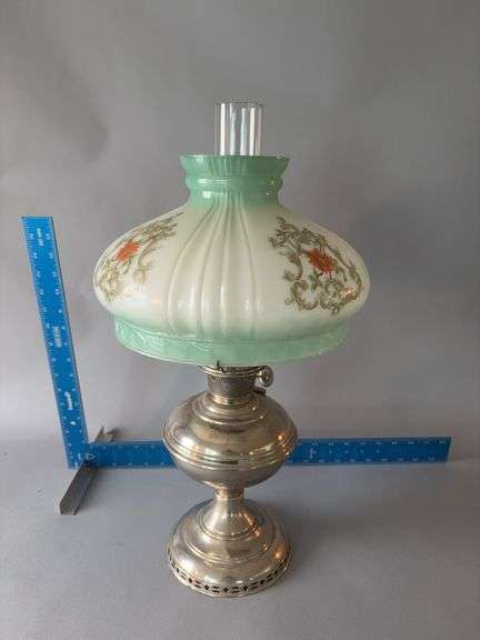 Aladdin Model No.6 nickel plated oil lamp w hand painted shade image