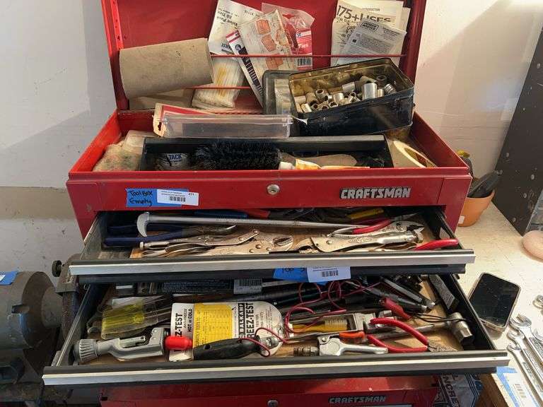 Three drawers of hand tools includes Craftsman punches, chisels, pliers, sockets, and more