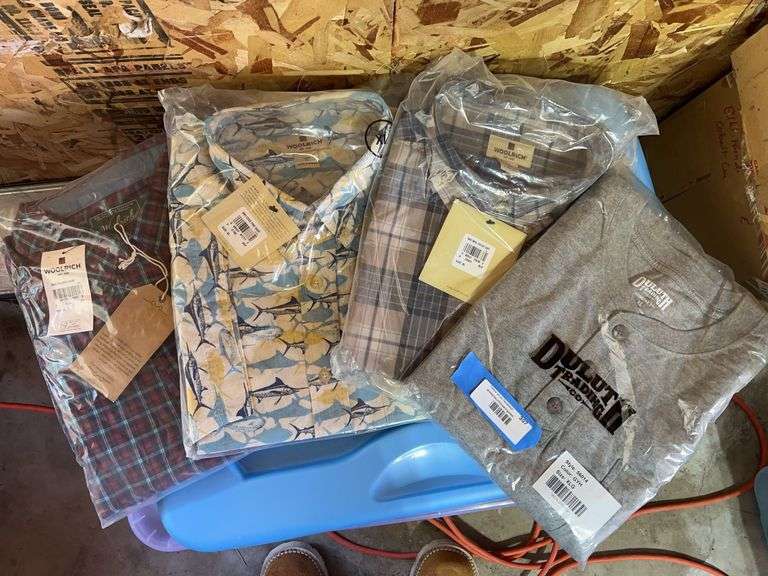 Brand new men’s shirts, including three size extra large Woolrich button downs, and one Duluth trading
