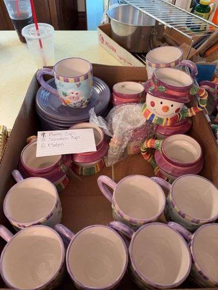Gibson 8" dessert plates, 8 snowman mugs, and 9 Easter mugs