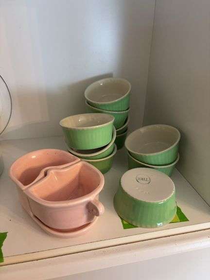 Camark Pottery nested cream and sugar marked 830 and 10 Halls ramekins image