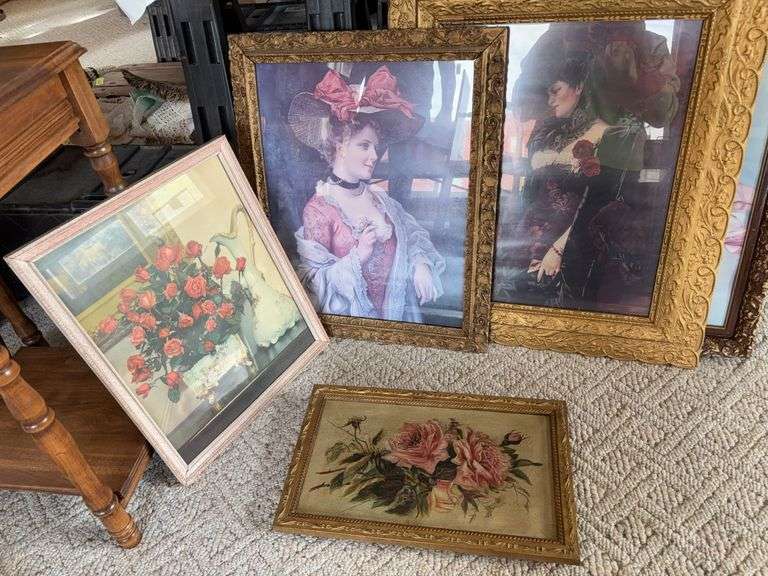 Five framed prints, females and flowers image
