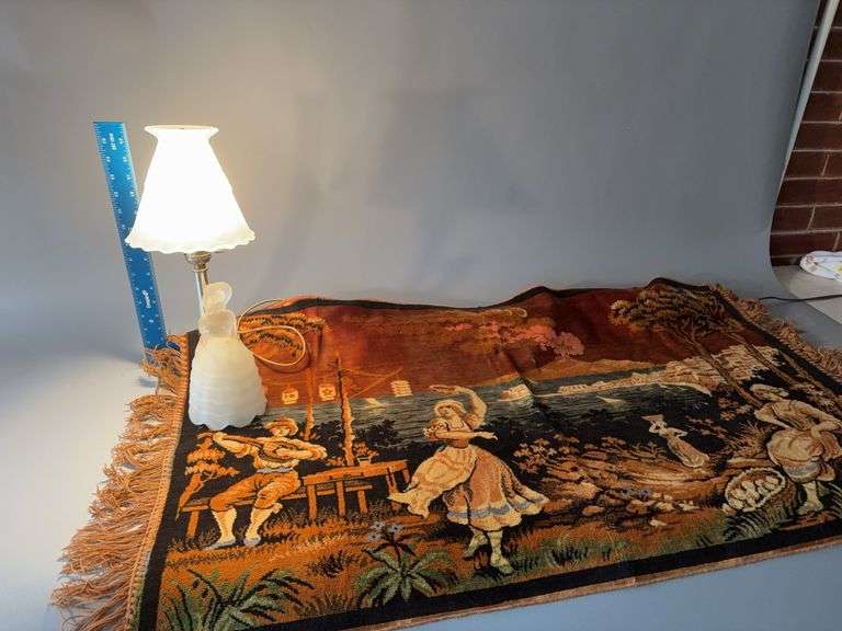 Frosted glass dresser figural lamp and tapestry image