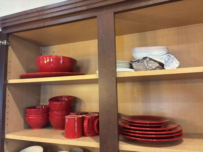 Red ceramic dishes and some Correlle