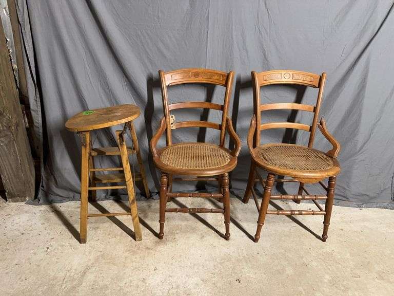 Pair of cane seat chairs and folding stool, all project pieces image