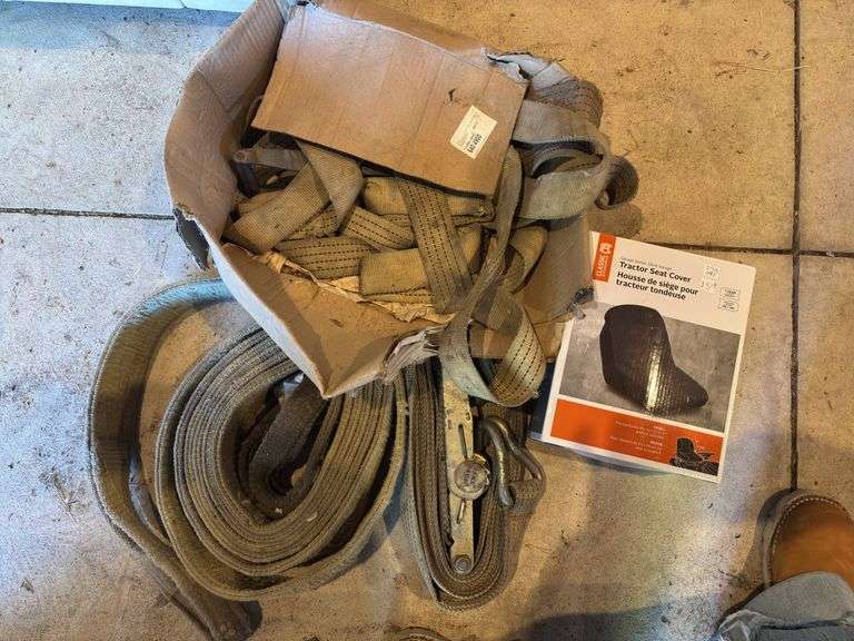 Garage series tractor seat cover, and tow straps plus ratchet strap
