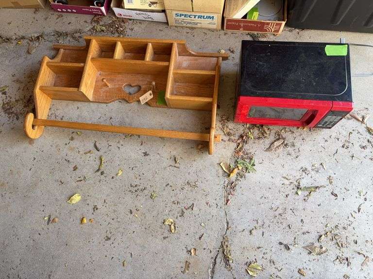 38" oak shelf w/ quilt rail and small microwave oven image