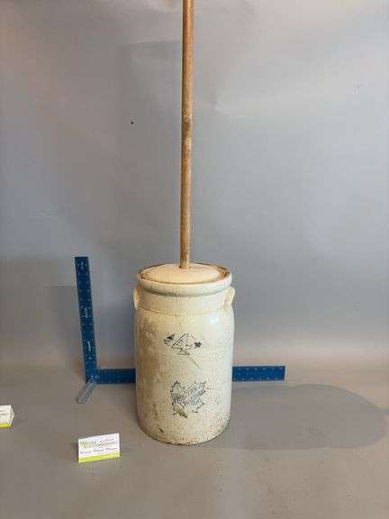 Western Stoneware 4 gallon churn w applied handles, lid and dasher image