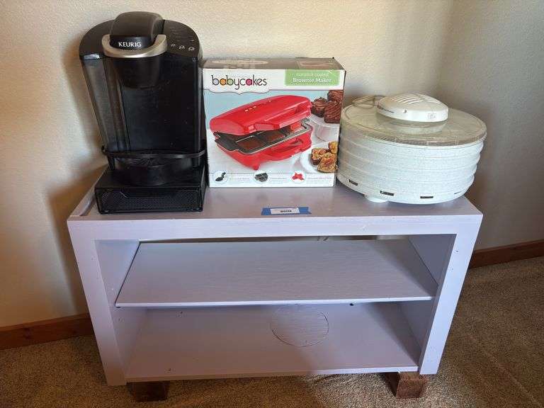 Keurig coffee maker, brownie maker and food dehydrator with purple wood shelf