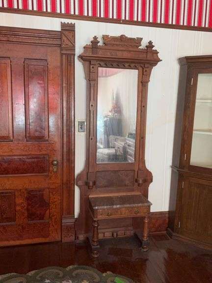Walnut Victorian entry mirror with marble seat and single drawer 13x35x85H Crack in marble seat image