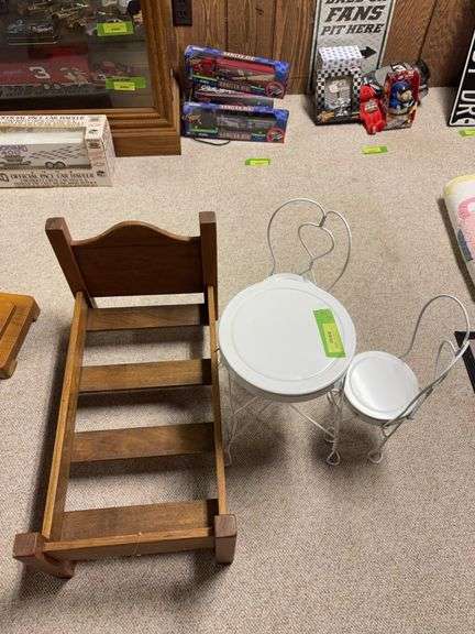 Doll bed and doll size ice cream parlor table and chairs image