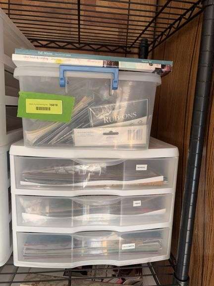 (1) 3 drawer plastic cabinet and small tote of scrapbooking supplies image