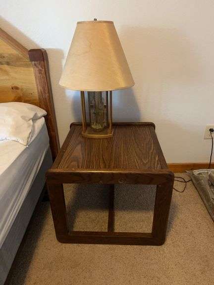 Two wooden end tables and lamp