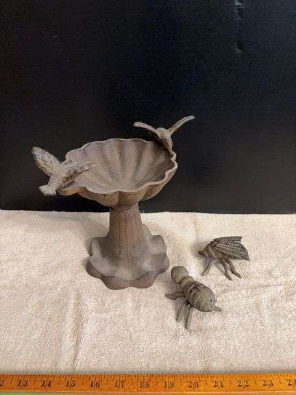 Modern cast iron bird bath 7” tall and an ant and fly image