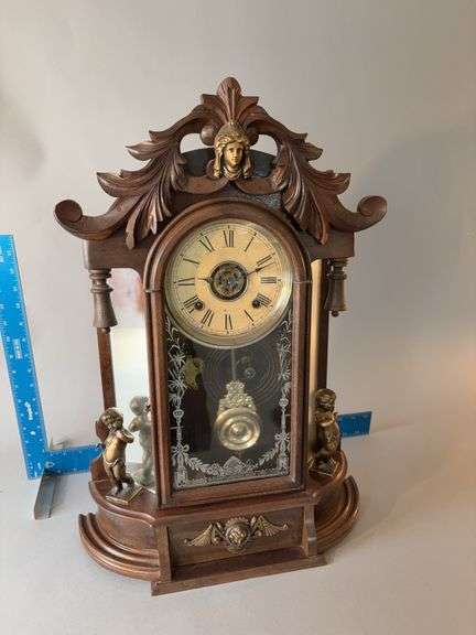 Ansonia kitchen clock 23” tall One Cupid was damaged during moving, see photos image