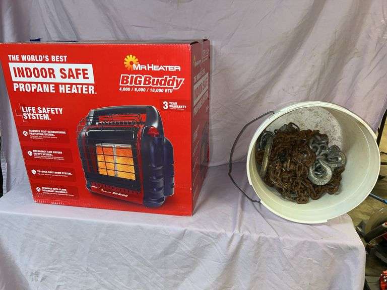 Mr. Heater Big Buddy propane heater, 4000/9000/18000 BTU. Indoor safe (new inbox). Log chains 4 ft, 3/8 in links, hooks on both ends, 10 ft 3/8 links hooks on both ends. 3 ft, 1/4-in links hooks and carabiner. image