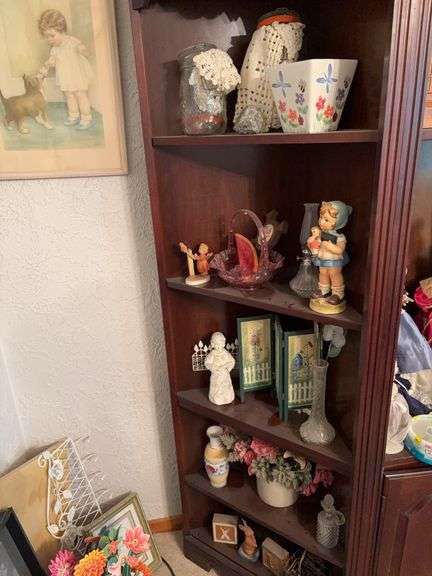 All on corner shelf includes Hummel replicas, small stoneware crock, glass jars and more image