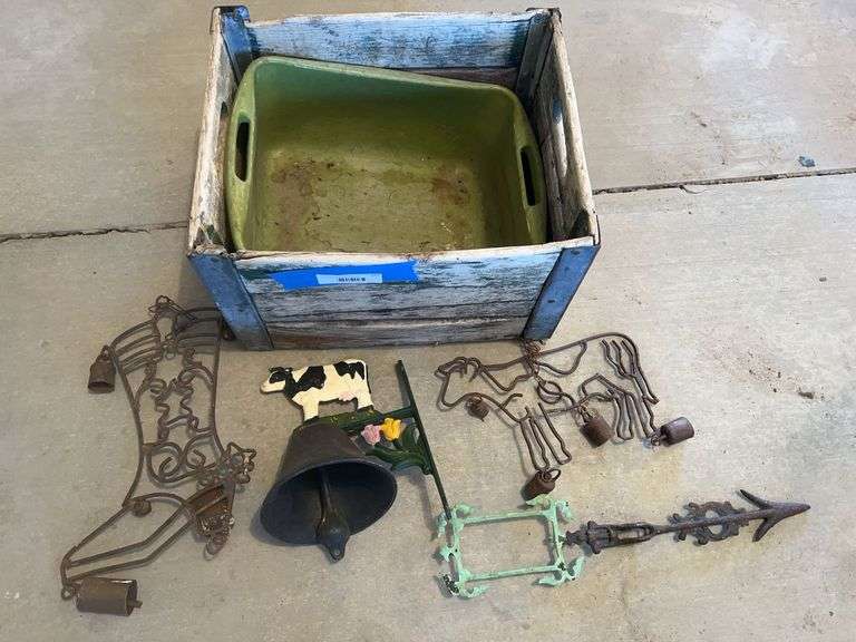 Antique wooden crate plus weathervane arrow & cast-iron bell
