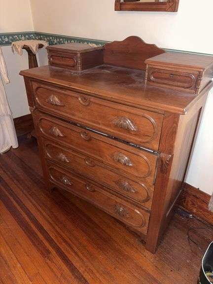 19D x 39L x 43H walnut dresser w fruit & nut pulls with hanky drawers image