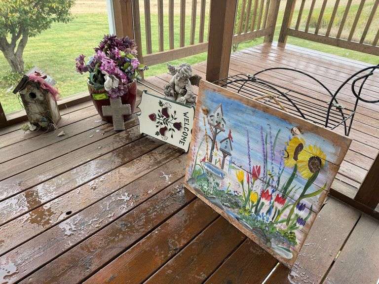 Wire serving cart style plant stand, ceramic planter and decor image