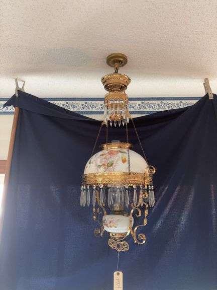Original hanging prism lamp with 2 matching rings, smoke bell, ceiling reel, hand painted milk glass shade and font image