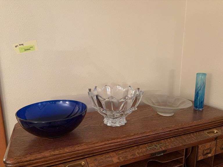 Art deco glass includes blue bowl, crystal console bowl, iridescent bowl and blue swirl bud vase image