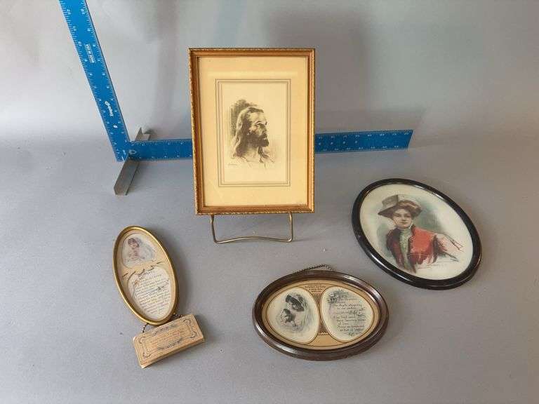 4 framed pictures including Mother verse w Texas 1925 advertising calendar w January only image