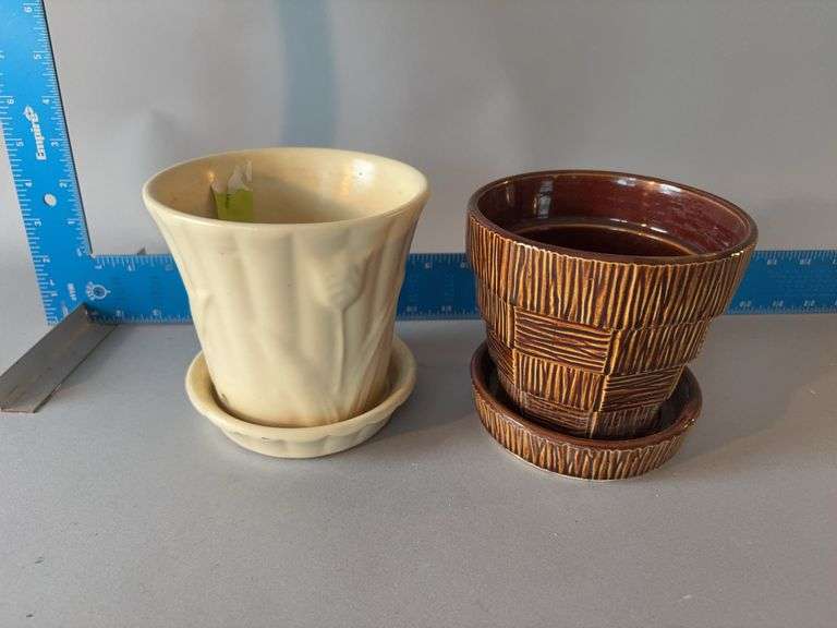 USA marked McCoy tree trunk pattern planter and McCoy basket weave pattern planter image