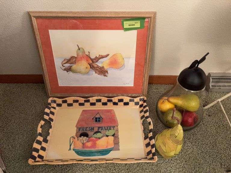 Fruity stuff-glass pear filled w plastic fruit, serving trays, pear made from palm frond and picture image