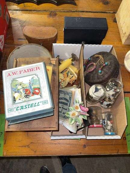 Binoculars, buttons, Lefton flowers, stoneware, etc image